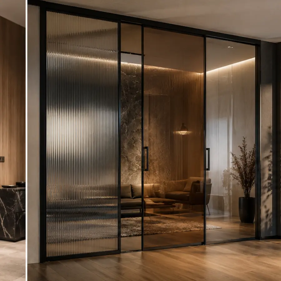 Divisória decorativa composta por vidros canelado, bronze e extraclear